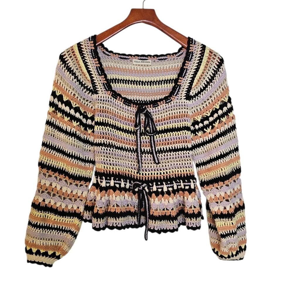 Ulla Johnson Constanza Crochet Striped Knit Peasant Peplum Cottagecore Sweater - Picture 2 of 7